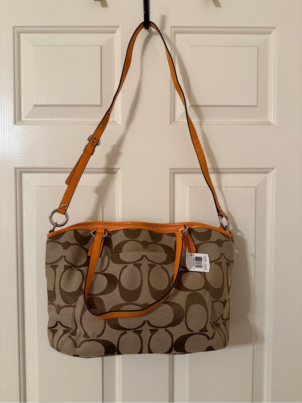 NWT Coach Signature Stripe Pocket Tote in Khaki and Orange Spice - Picture 4 of 9